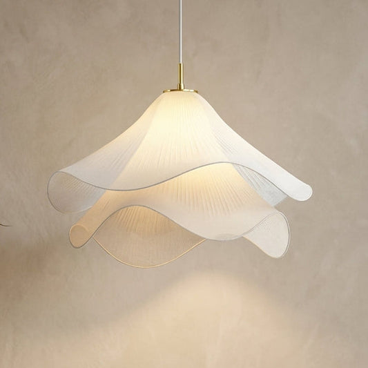 Double layered pleated petal pendant shade lit warm white
