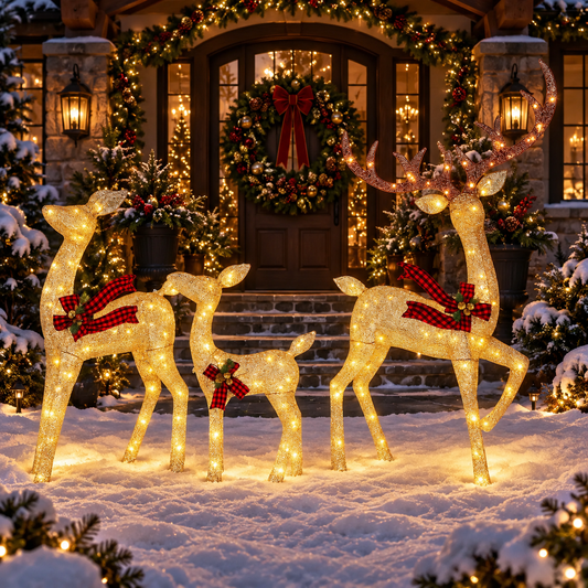 Lighted Rattan Reindeer Family Set