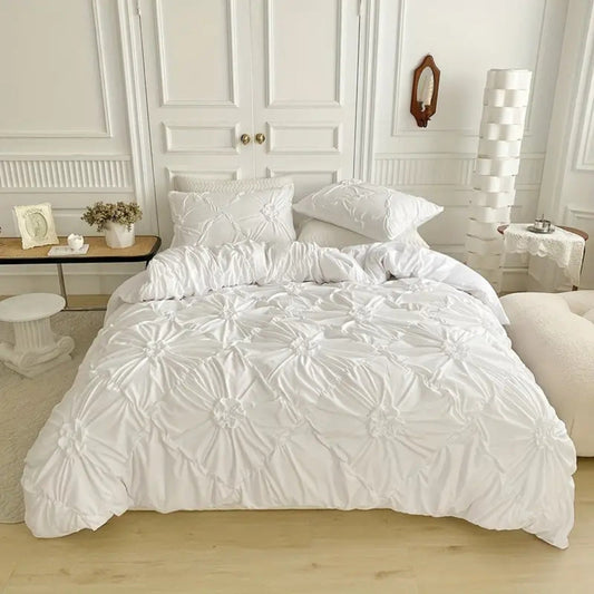 White ruffle flower quilt cover set in bright bedroom