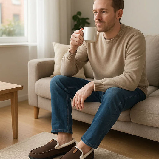 Mens indoor house shoes shown as a pair