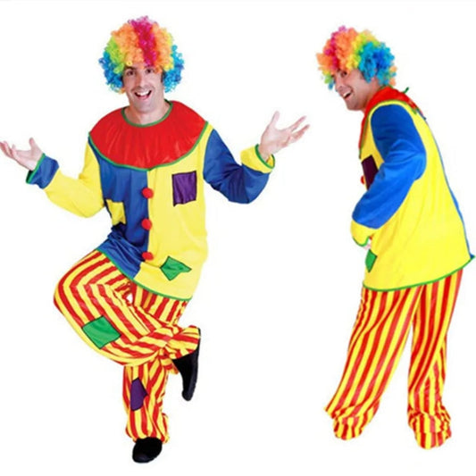 Colorful adult clown costume worn with wig
