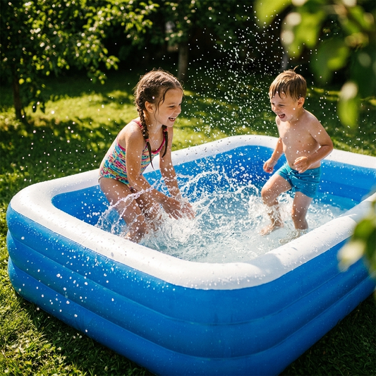 Kids splashing and playing in rectangular inflatable pool sunny yard