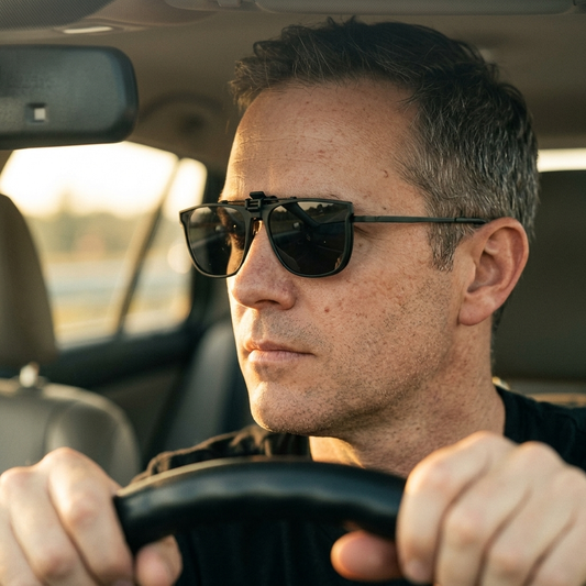 Man driving wearing polarized clip-on sunglasses over prescription glasses