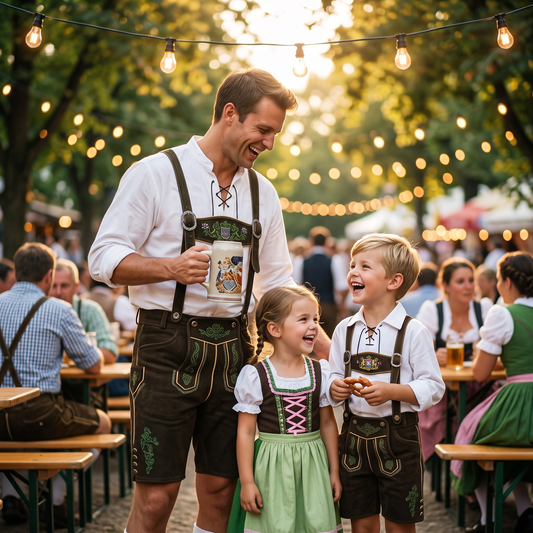 Family wearing matching Oktoberfest costumes with lederhosen and girls dirndl dress at a beer garden