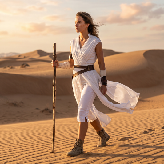 Woman walking across sand dunes in white desert warrior cosplay costume with staff