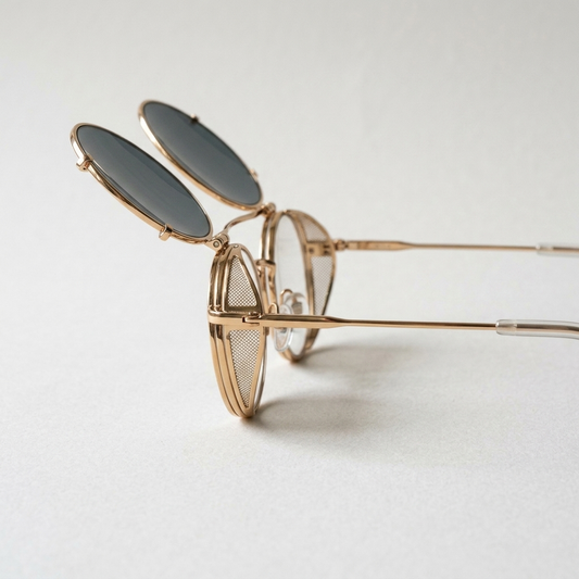 Profile view with the outer tinted lenses hinged up showing the flip mechanism