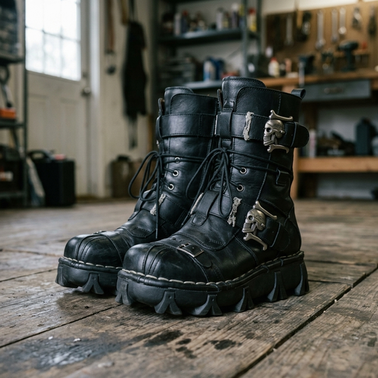 Black leather skull buckle boots standing on wooden garage floorboards