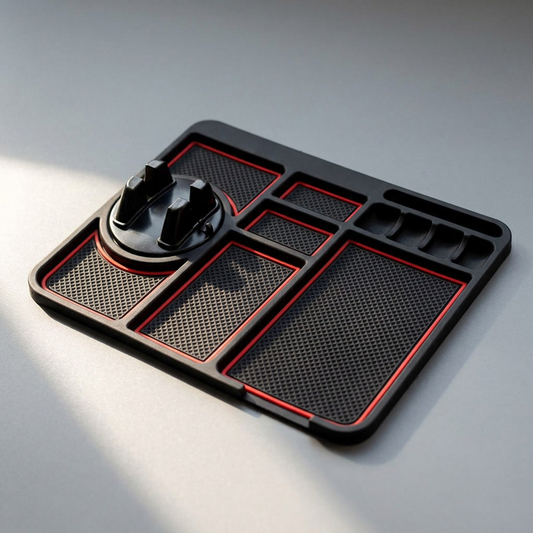 Black silicone dashboard organizer mat shown flat and empty