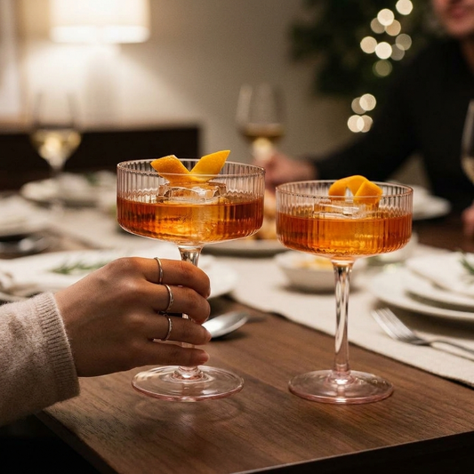 Cocktail glasses holding an amber drink over ice with an orange peel garnish