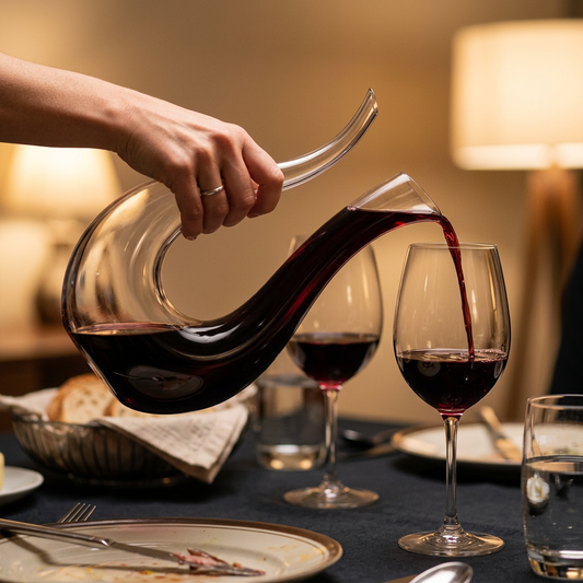 Pouring red wine from the decanter into a stemmed glass at a dinner table