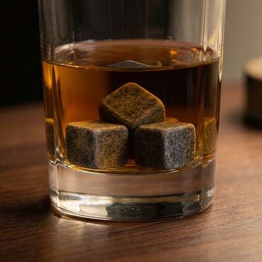 Soapstone whiskey chilling stones in a rocks glass of amber whiskey