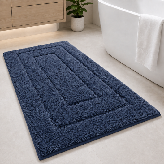Bath mat shown under a bathroom vanity