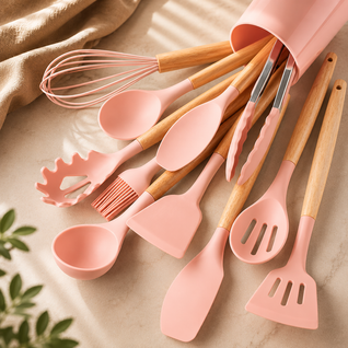 Silicone Kitchenware Set with Bamboo Handles