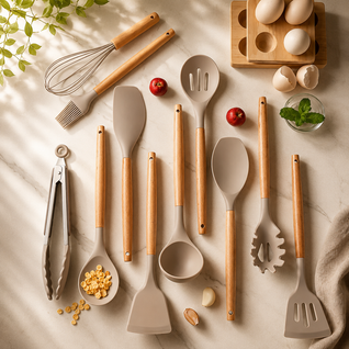 Silicone Kitchenware Set with Bamboo Handles