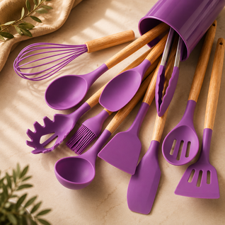 Silicone Kitchenware Set with Bamboo Handles