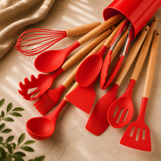 Silicone Kitchenware Set with Bamboo Handles