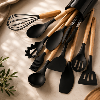 Silicone Kitchenware Set with Bamboo Handles