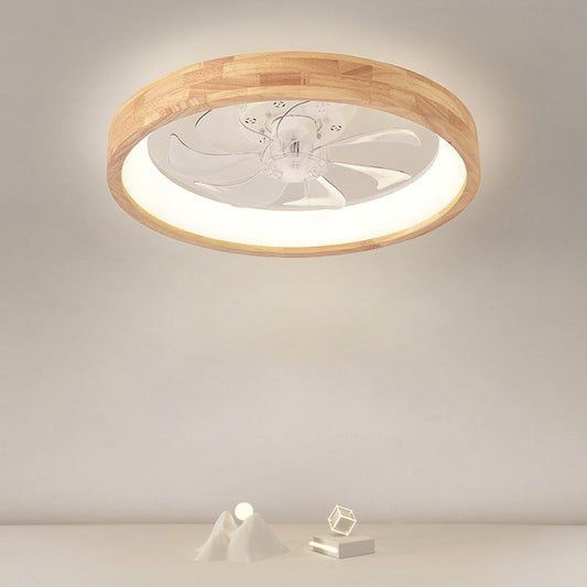 Solid wood ceiling fan light shown lit above a living room
