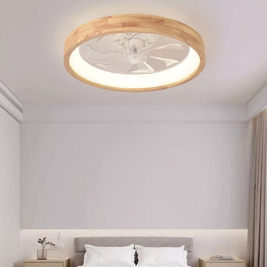 Hollowed wood ceiling fan light mounted flush in a Japandi bedroom