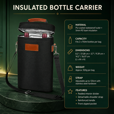 Insulated Dual Wine Bottle Carrier Tote