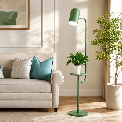 Art Deco Bell Floor Lamp with Wood Shelf