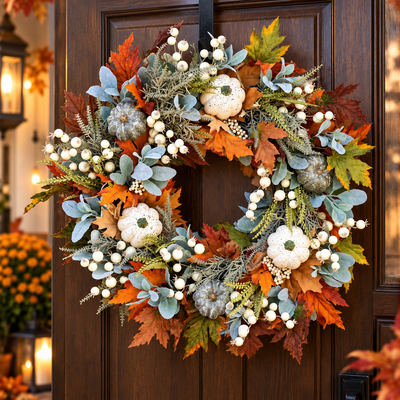 Autumn Maple and Pumpkin Wreath