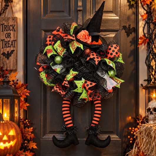 Witch Hat and Legs Mesh Wreath