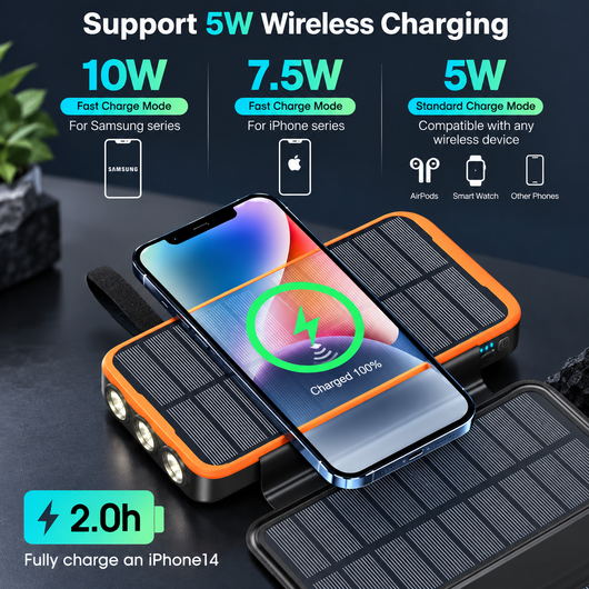 Solar Wireless Power Bank with LED Light