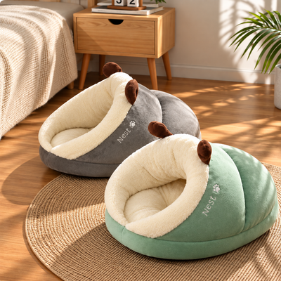 Plush Hooded Cat Cave Bed