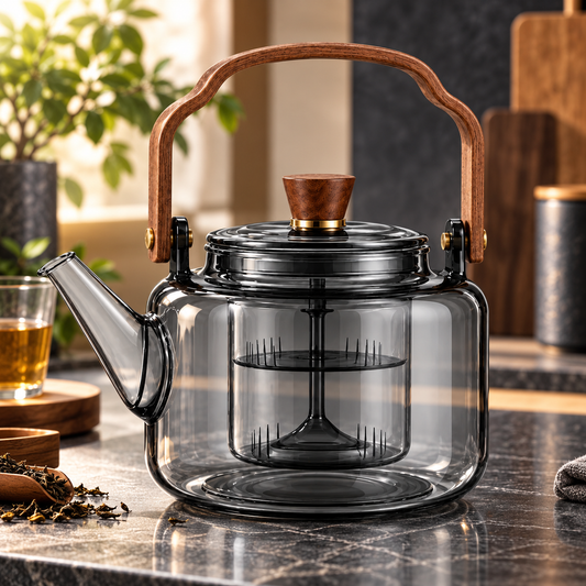Large Glass Teapot with Wooden Handle