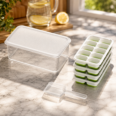 Stackable Silicone Ice Cube Trays with Storage Bin