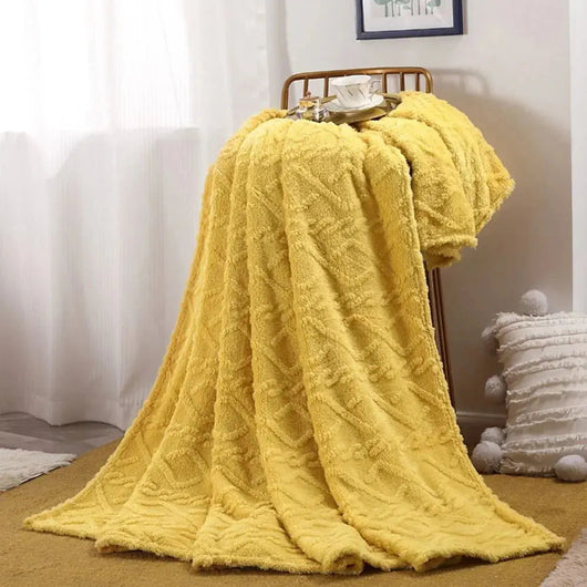 Turmeric yellow ruched faux fur throw blanket