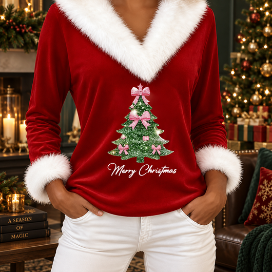 Faux Fur Collar Christmas Top