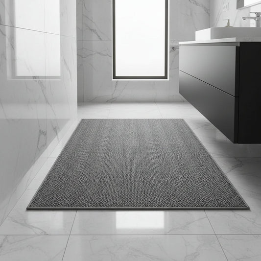 Absorbent geometric doormat at a front door entryway