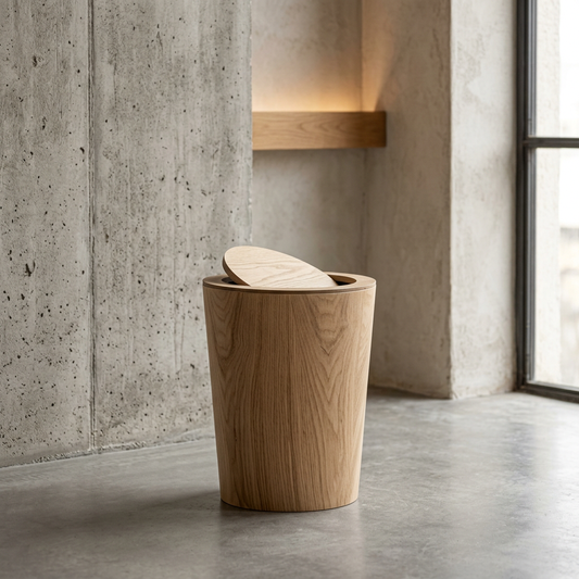 Natural wood grain waste bin with rotating lid closed