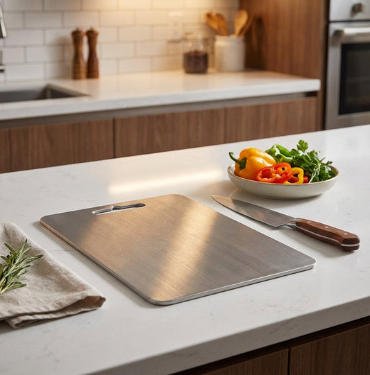 Metal prep board with sliced vegetables on the surface