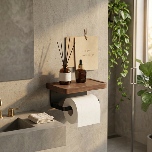 Wood and black metal toilet paper holder with shelf mounted on a bathroom wall