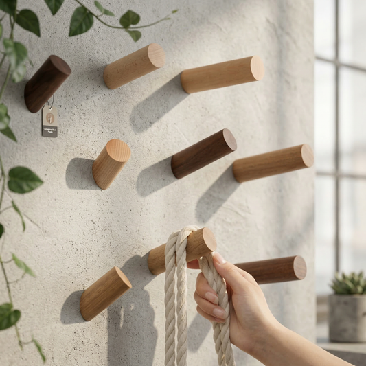 Natural timber angular wall hook shown against a plain wall
