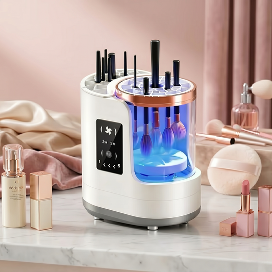 Automatic makeup brush cleaner white countertop device on vanity