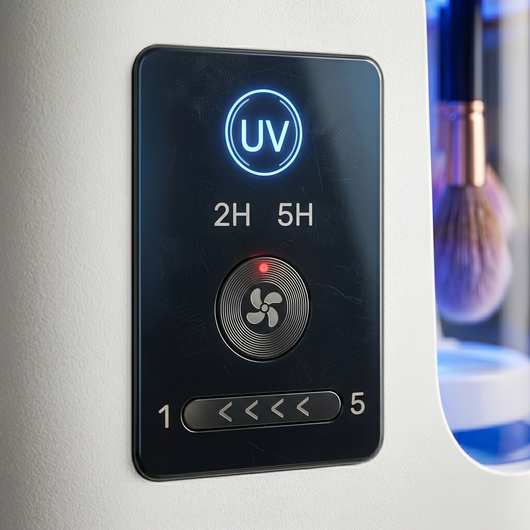 Compact white brush cleaner shown on a vanity countertop