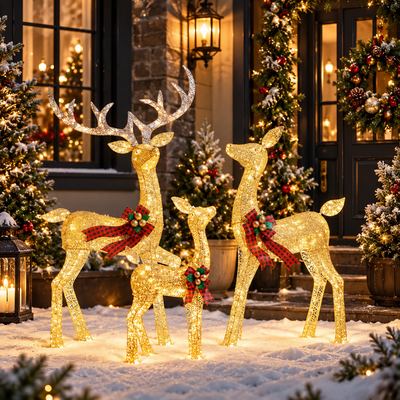 Lighted Rattan Reindeer Family Set