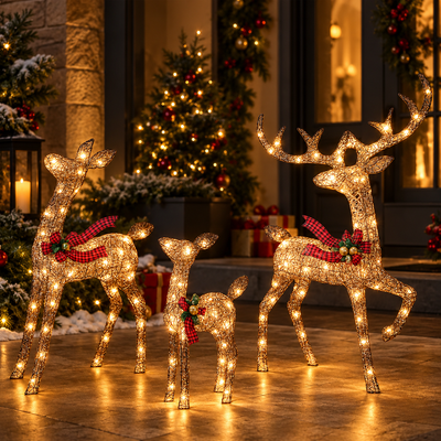 Lighted Rattan Reindeer Family Set