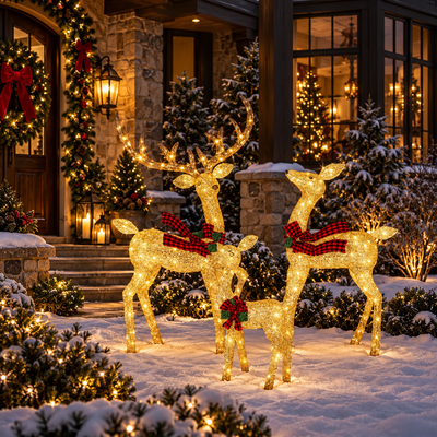 Lighted Rattan Reindeer Family Set