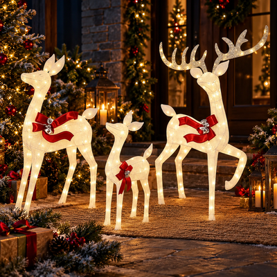 Lighted Rattan Reindeer Family Set