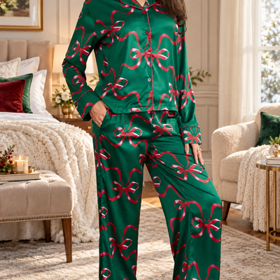 Satin Bow Print Pajama Set