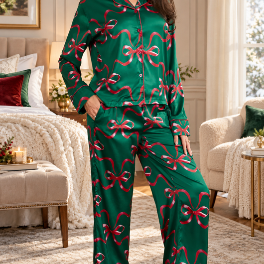Satin Bow Print Pajama Set