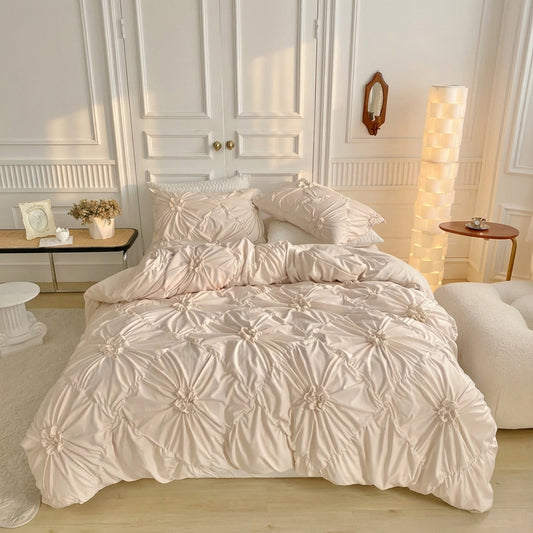 Beige pinch pleat ruffle duvet cover with matching pillowcases