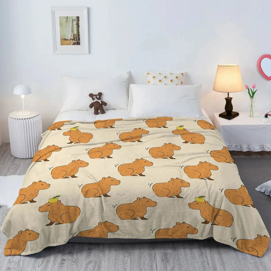 Capybara print flannel blanket fabric texture close up