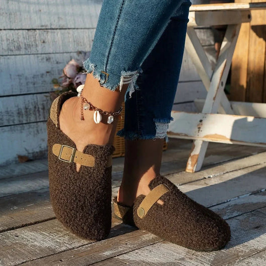 Faux shearling mule slippers rubber outsole tread