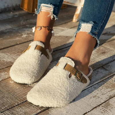 Beige faux shearling mule slippers pair